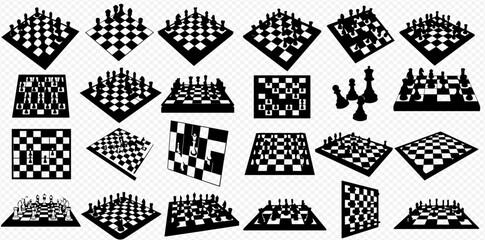 Collection of chessboards and chess pieces in various arrangements and angles, rendered in black and white.