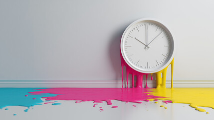 White clock melting paint is suitable for artistic, dynamic, and colorful concepts, time themed designs, creativity, disruption, and unique visual concepts.