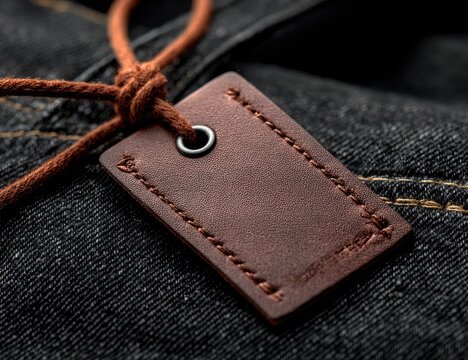 Close-up of a dark brown leather tag with twine on dark denim