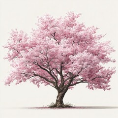 Fototapeta premium A full, vibrant pink cherry blossom tree against a plain white background. A mature tree, its branches laden with delicate pink blossoms, displays a rich, textured canopy. 