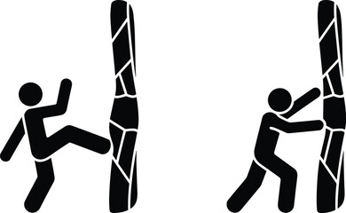 Vector silhouette illustration of stickman character climbing and pushing against rope wall, abstract sports action, fitness training concept design.
