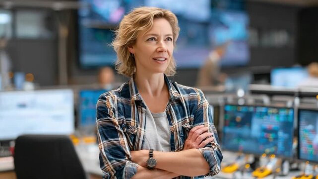 Confident Professional in Control Room: A focused woman stands with arms crossed, exuding confidence, surrounded by digital screens in a state-of-the-art control room.