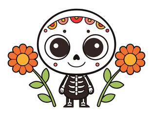 Naklejka premium Cute Day of the Dead Cartoon Skeleton with Flowers Illustration