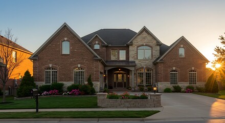 PLAINFIELD, IL, USA - SEPTEMBER 15, 2020: A beautiful, brick two story house with a three car garage, arch doorway, and brick landscaping.