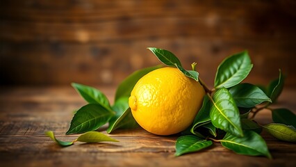 Bright lemon with green leaves on a rustic wooden surface, illuminated by natural window light.