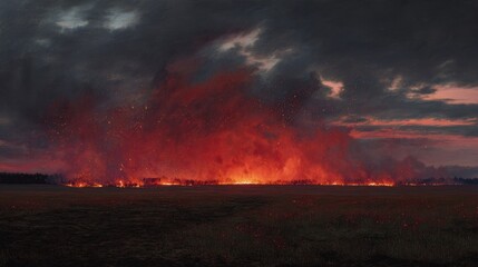 Fototapeta premium Catastrophic Wildfire Blaze Ignites Horizon Under Dramatic Dusk Sky, Emitting Intense Red Flames and Billowing Smoke.