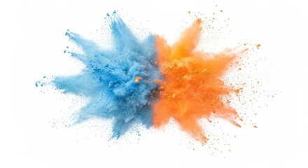 Vibrant blue and orange powder exploding outwards in a dynamic burst against a white background.