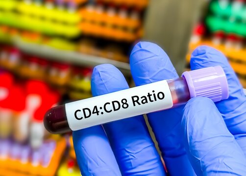Immunologist holding blood sample for CD4 and CD8 Ratio test in infectious laboratory.
