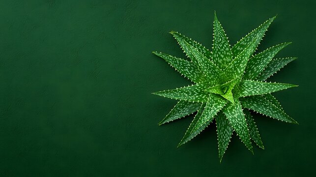 A vibrant green aloe vera plant with spiky, textured leaves against a dark green background.