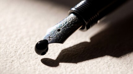 Naklejka premium Close-up of a fountain pen nib with a drop of black ink