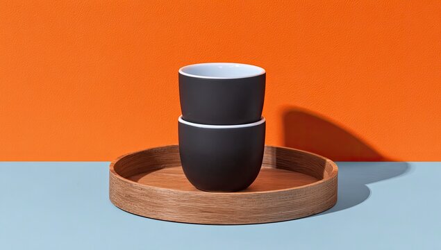 Two dark-grey cups with a light-grey interior are stacked on a round wooden tray against a two-toned background of orange and light-blue