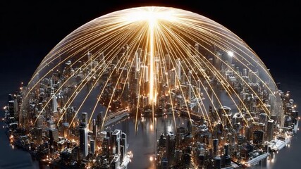 City Protection: A futuristic dome shields a city, symbolizing security and technological advancement, with energy beams converging from above in a display of modern defense.