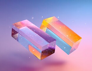 Colorful translucent rectangular prisms floating in a pastel sky.