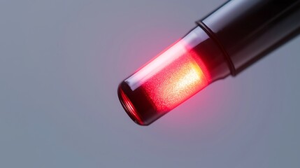A close-up of a glowing red light at the tip of a pen-like device, showcasing a sleek design and modern technology.