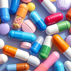 Colorful pills and capsules scattered on a light purple surface