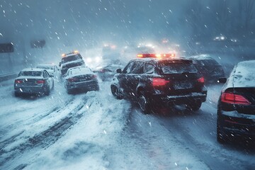 Snowstorm Traffic Jam: Emergency Vehicle on Icy Highway in Heavy Blizzard