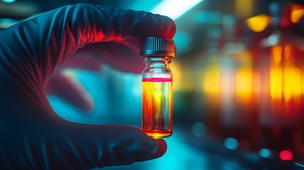 Contrasting Sample Vial: Hand in Glove Holding Medicine with Red and Yellow Liquid