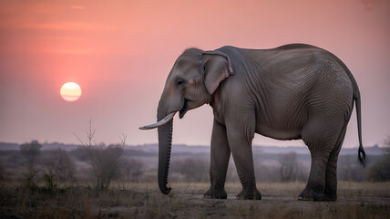 Obraz premium African elephant standing in savanna at sunset