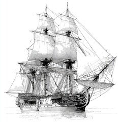 Detailed black and white drawing of a large sailing ship