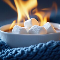 Marshmallows in a steaming mug, flames licking at top