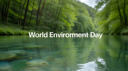 World Environment Day celebrated with a serene forest river scene reflecting lush greenery