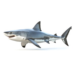 Fototapeta premium Realistic full-body side view portrait of a great white shark with streamlined body, sharp fins, and powerful tail, captured in high resolution with dynamic lighting, soft shadows, and clean sharp.