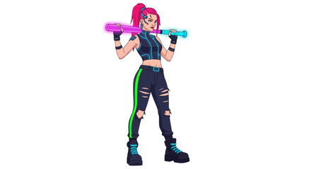Vibrant pink-haired female character holding neon glowing bats.
