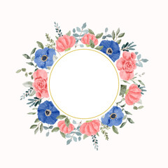 beautiful pink blue floral watercolor round frame