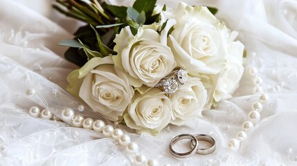 A beautiful bouquet of white roses adorned with delicate pearls. 