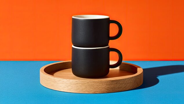 Two matte black coffee cups are stacked on a light-colored wooden tray against a vibrant orange and blue background.  The scene is brightly lit, casting shadows