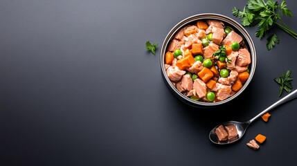 Bowl of puppy food with added vitamins and minerals, natural background with fresh vegetables