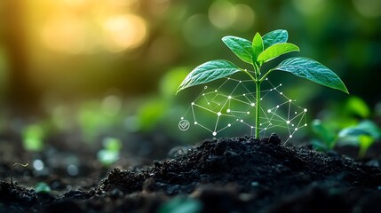 A vibrant green sprout emerging from dark soil with a digital network overlay in a blurred background
