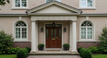 Fototapeta premium Front door and two windows with portico creating a beautiful design.