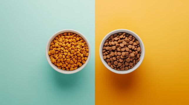Close-up of dog bowls with dry and wet food, pet feeding concept - Powered by Adobe
