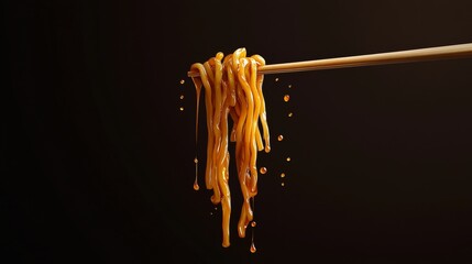 pair of chopsticks holding noodles that drip soy sauce with copy space