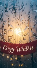 Cozy winter scene with frosted window and warm light shining through, creating a festive and inviting atmosphere for the holiday season