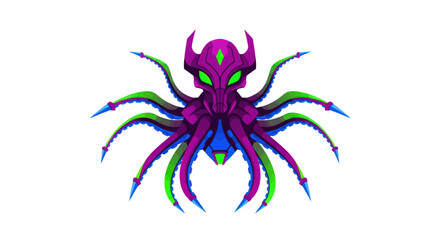 Vibrant Purple Alien Octopus Creature with Glowing Green Eyes.