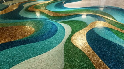 Glittering abstract flowing pattern creating wavy design on a contemporary floor, combining shiny blue, green, and gold colors for a decorative concept
