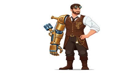 Steampunk Man with Mechanical Arm and Goggles Standing Proudly.