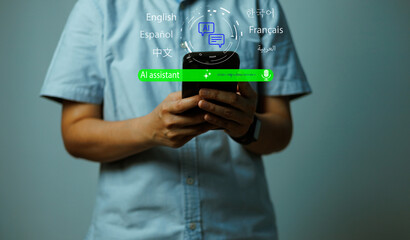 Man using smartphone with AI assistant interface and multilingual translation technology. Concept of artificial intelligence, chatbot, digital innovation, and mobile application in modern business