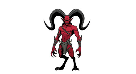 Fierce red demon with large curved black horns and a muscular physique.