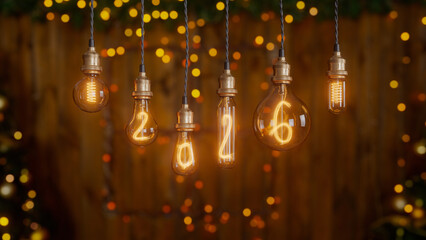 New Year 2026 glowing Edison light bulbs – festive holiday background with warm golden lights. 3d rendering illustration not AI