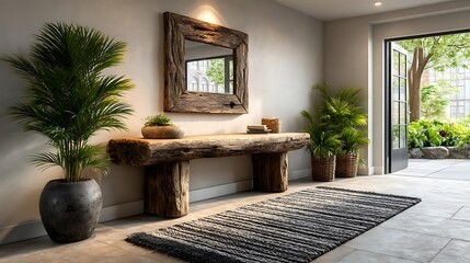 A realistic high-definition photo of a hallway with console table and statement mirror.