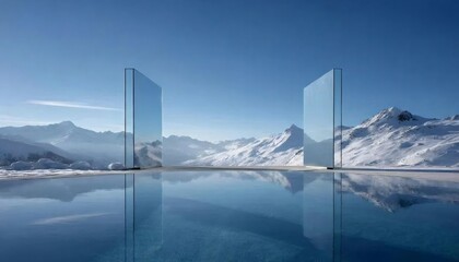 雪をかぶった山々と鏡面の反射のある青いプール