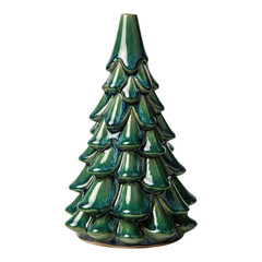 Ceramic Christmas tree, green glossy finish, isolated PNG for holiday decor.