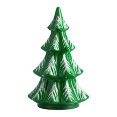 Ceramic Christmas tree, green glossy finish, isolated PNG for holiday decor.