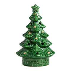Ceramic Christmas tree, green glossy finish, isolated PNG for holiday decor.