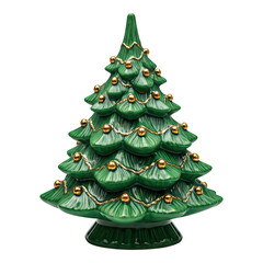 Ceramic Christmas tree, green glossy finish, isolated PNG for holiday decor.
