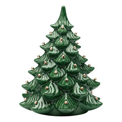 Ceramic Christmas tree, green glossy finish, isolated PNG for holiday decor.