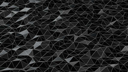A dark, futuristic background with a low-poly geometric pattern. Features a complex mesh of black and gray triangles, ideal for technology and digital concepts. 3d rendering illustration not AI